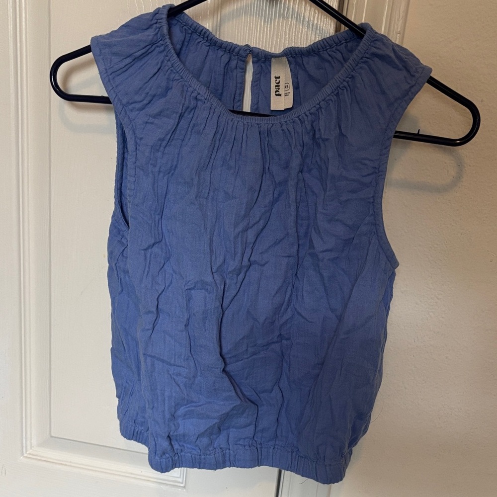 Pact blue gauze top with bubble hem